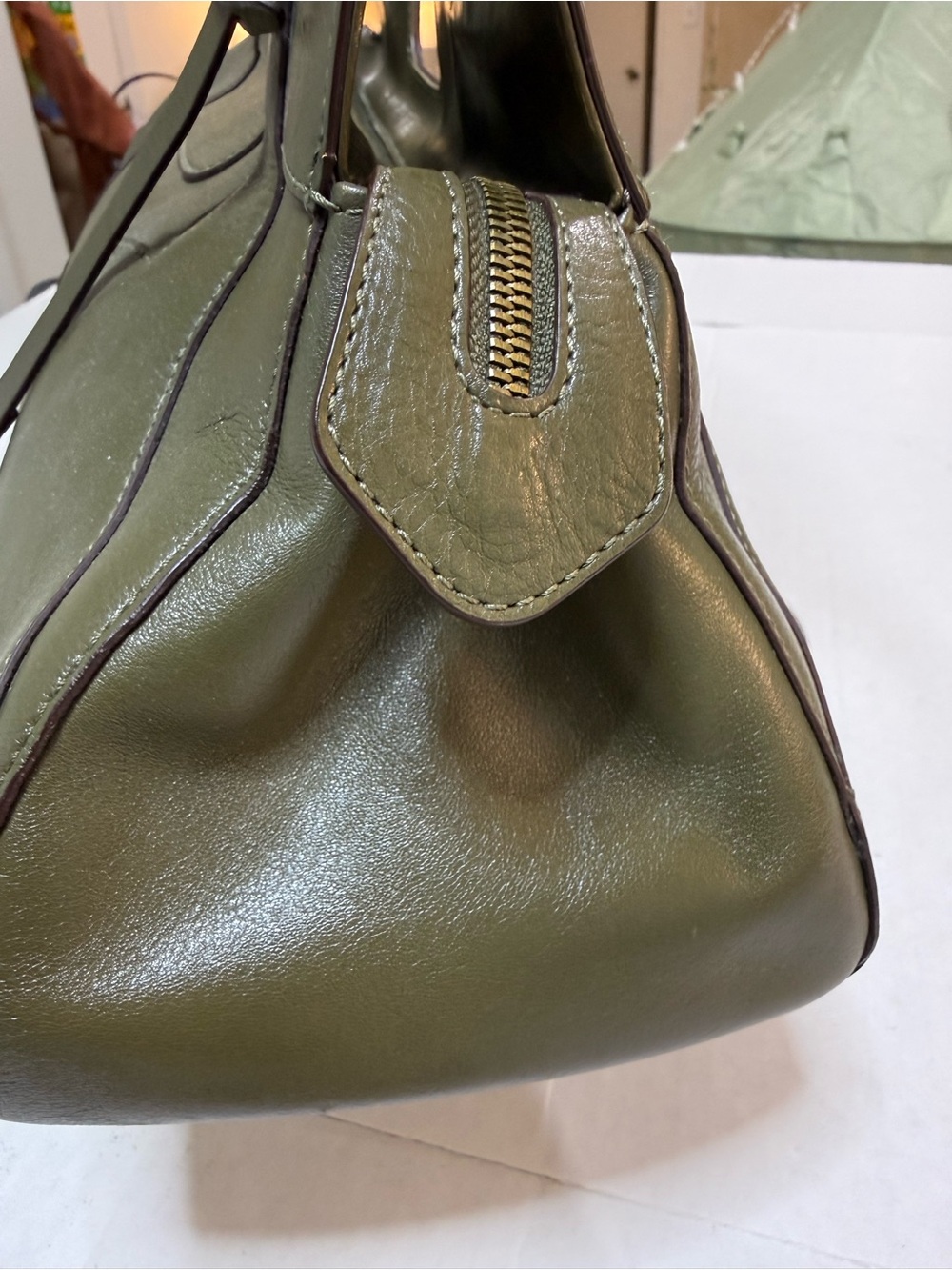 Vintage Hobo International Olive Green Leather Bag Structured Satchel Purse - Picture 7 of 16